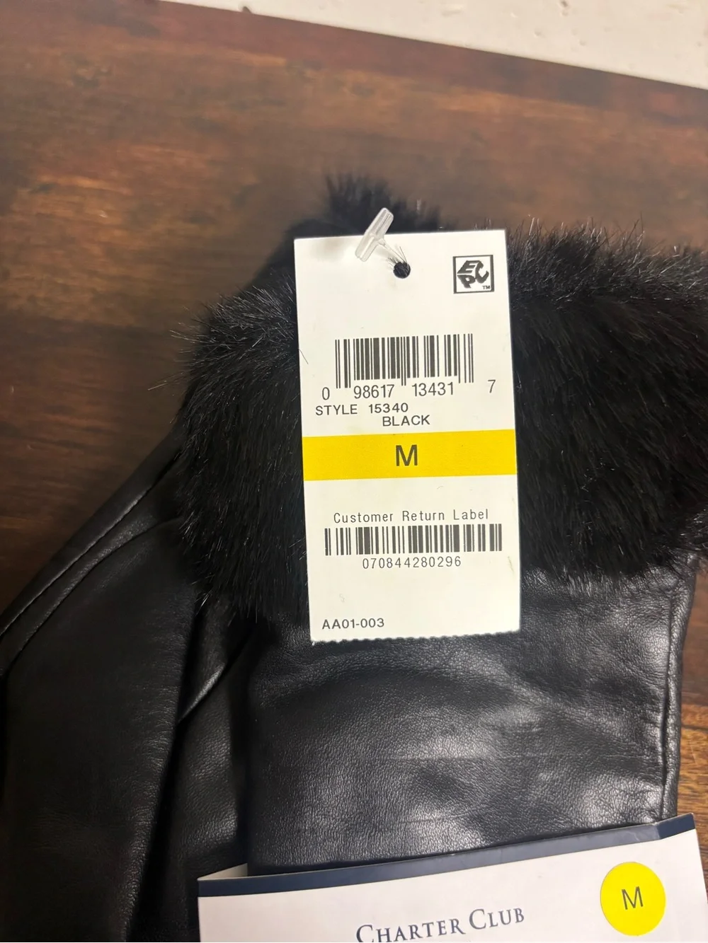 NWT Charter Club Black Leather Touchscreen Gloves Faux Fur Cuff M